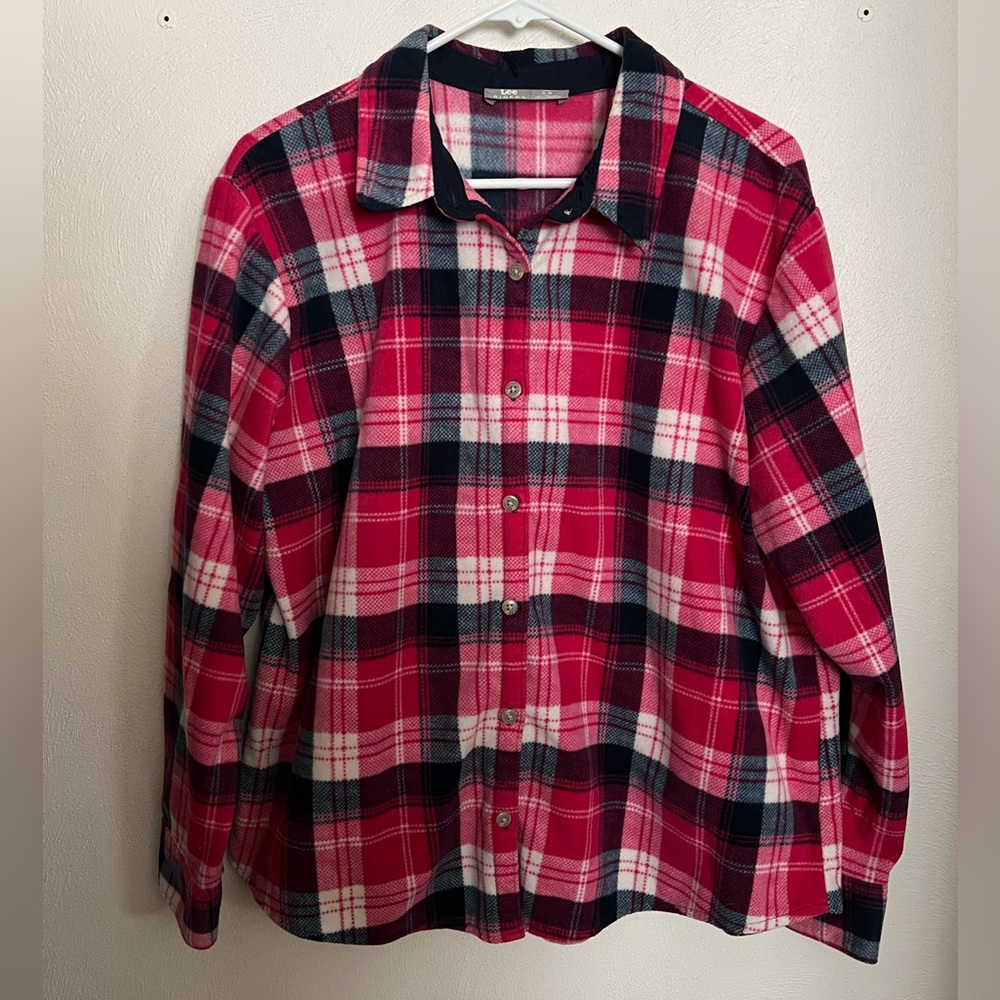 RIDERS BY LEE Classic Fleece Plaid Casual Button Down Shirt Navy Blue Pink Sz XL